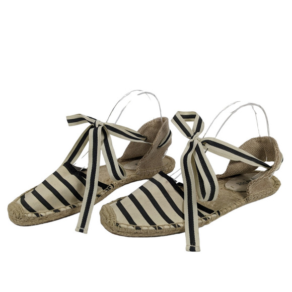 Soludos Espadrilles 9 Cream Navy Blue Stripe Ribbon Tie Closure Flat Shoes - Picture 4 of 7
